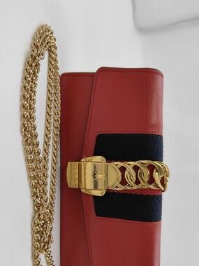 Gucci Sylvie Red Leather Web Stripe Chain Wallet on Chain